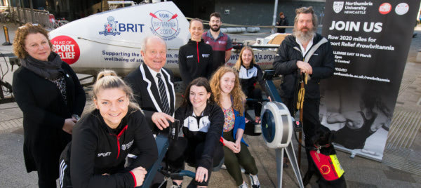 Northumbria University students, staff, partners and Phil Packer MBE (far right) come together to launch Northumbria's #RowBritannia Challenge