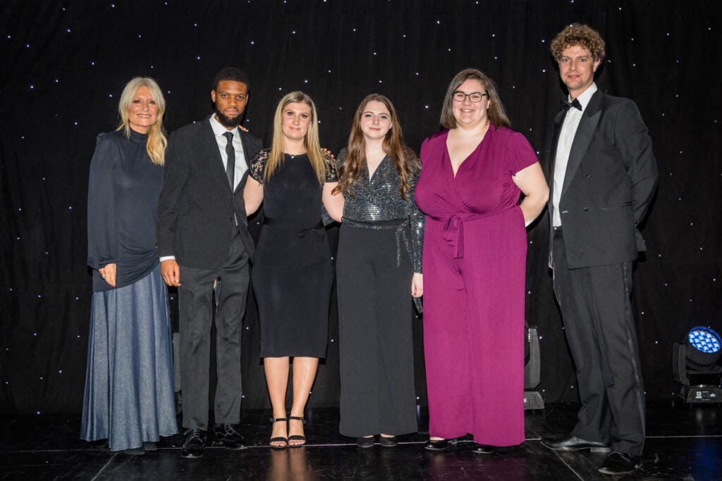 Pictured with Gaby Roslin (left) are West Met Skills Winner Matthew Jeffrey (right) and Highly Commended award winners Jaycee Sibley (third left), Sophie Claesen (fourth left) and Rebecca Mills. Also pictured is Highly Commended Apprentice Sologbia Tulu from Location Cars and The JGA Group.