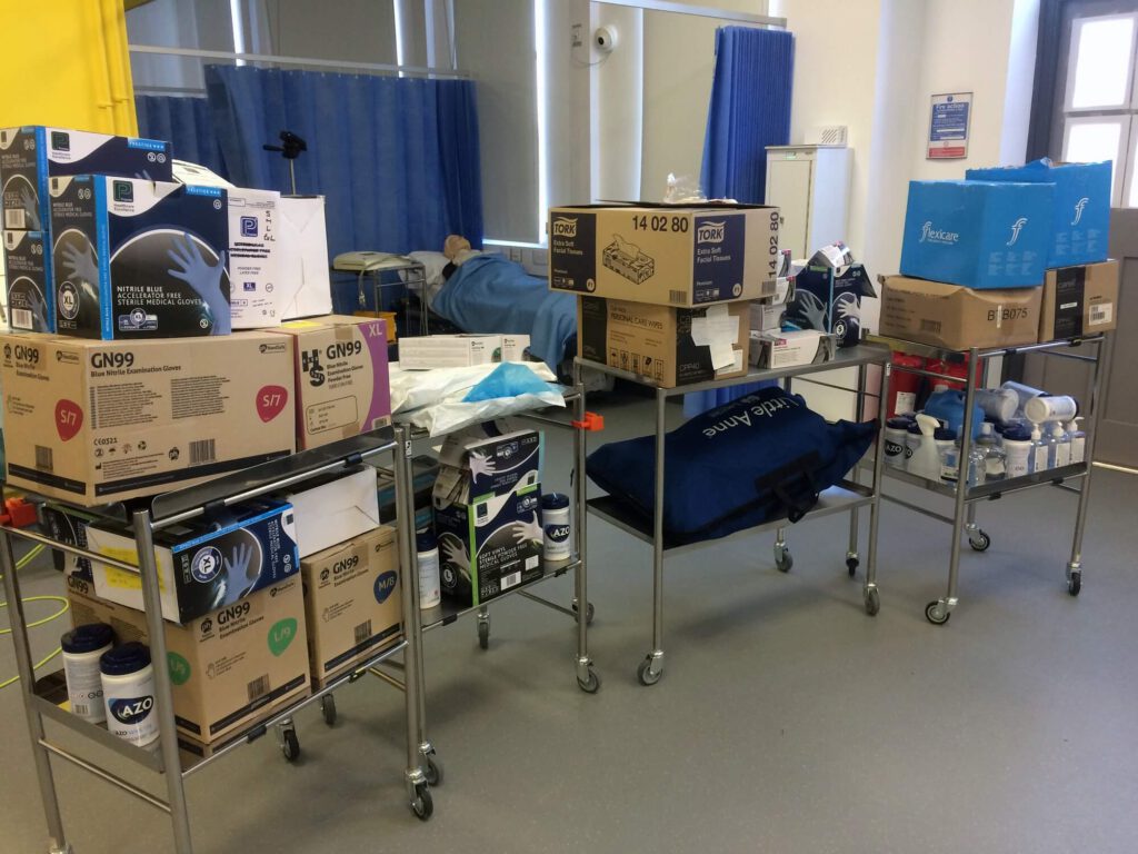 PPE kit at the simulation ward at St Helena Campus ready to be delivered to Chesterfield Royal Hospital