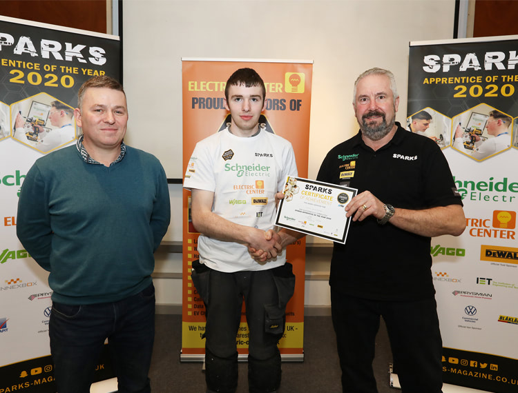SERC Apprentice Conal McCrissican, from Downpatrick, has been named finalist in the Sparks UK competition to find the top Electrical Apprentice of the Year 2020. Conal (19), is a third year Level 3 Electrical Installation Apprentice employed by Ardglass based SJ Savage Electrical. Pictured at the competition (L-R) Steven Donnelly, SERC Lecturer, Conal McCrissican and Sparks judge Geoff Brittian from NAPIT.