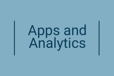 Pale blue background with the words Apps and Analytics picked out in a darker blue in the centre.