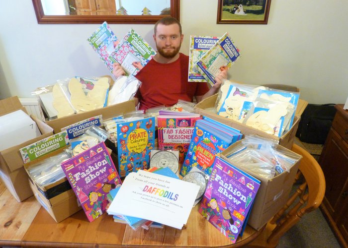 Matthew Hayes volunteered to create the packs for Flintshire charity DAFFODILS
