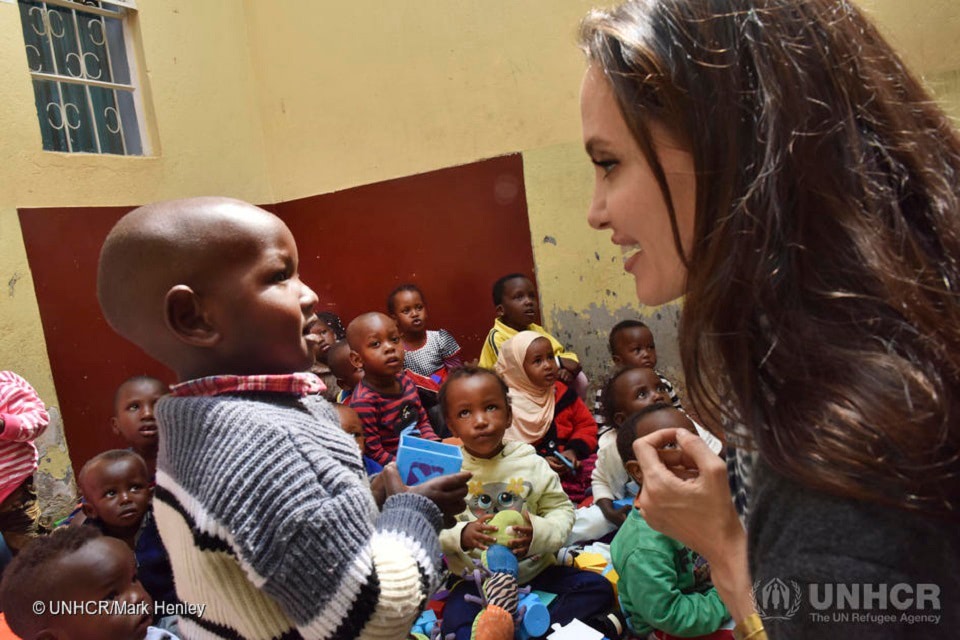 UNHCR Special Envoy Angelina Jolie meets some of the children and siblings of young vulnerable women refugees, in the nursery of the RefuSHE project in Nairobi. Credit: UNHCR/Mark Henley