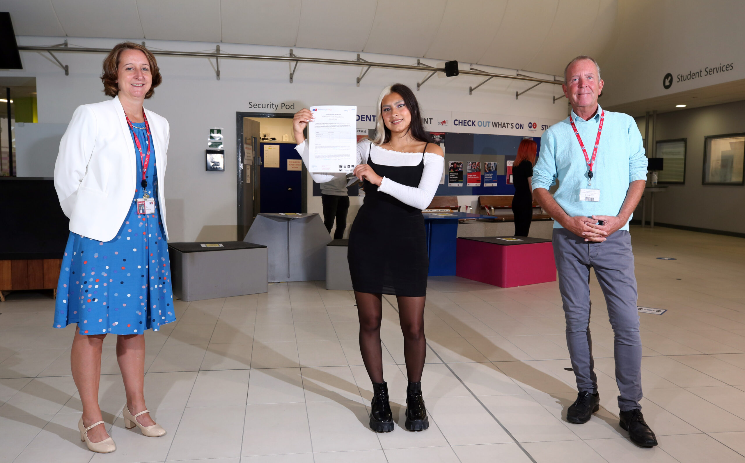 (L-R) Zoe Lewis, principal and chief executive of Middlesbrough College; Lourdes Maigua Medrano, Middlesbrough College student; Richard Spencer, head of science A Levels, Middlesbrough College