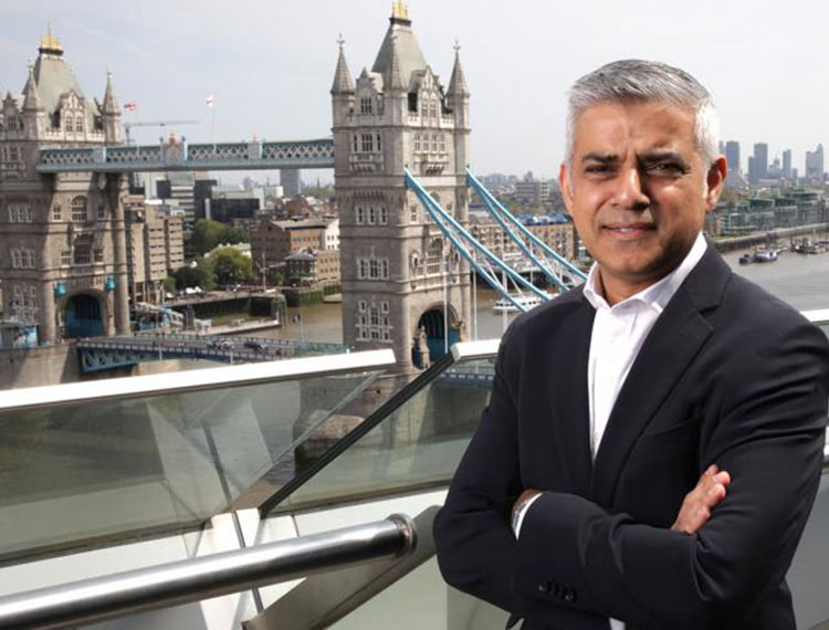 Sadiq Khan next to Tower Bridge