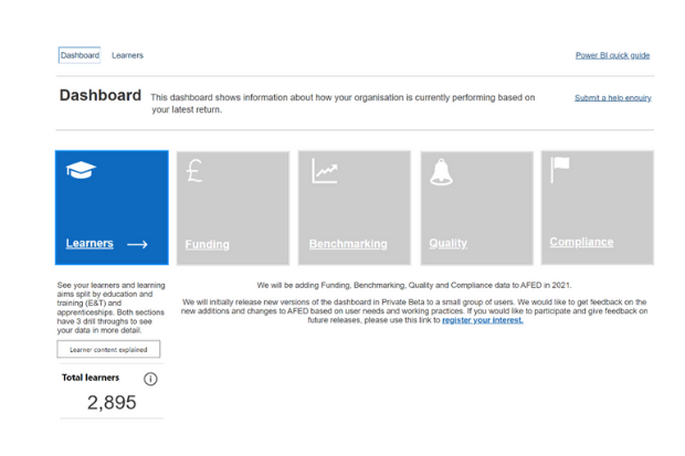Snapshot of the dashboard or the home page. A provider can review their learners’ details based on each ILR return by clicking on the Learner tile.