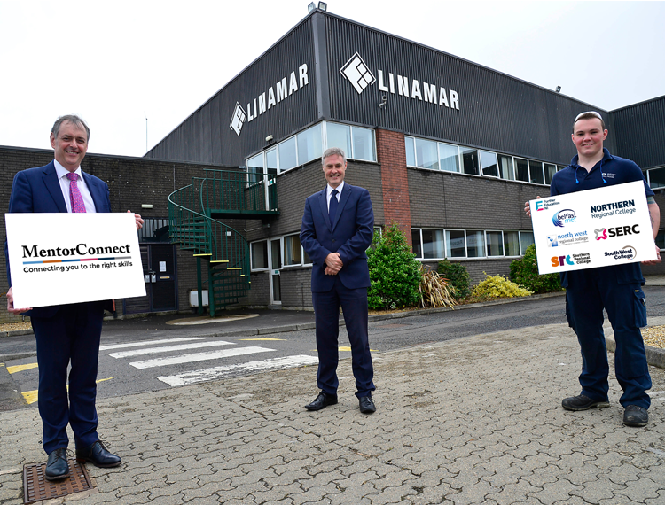 (L – R) William Greer, Chief Training & Contracts Manager, SERC, Economy Minister Paul Frew MLA and apprentice Jonny Bryans at Linamar Light Metals Belfast.