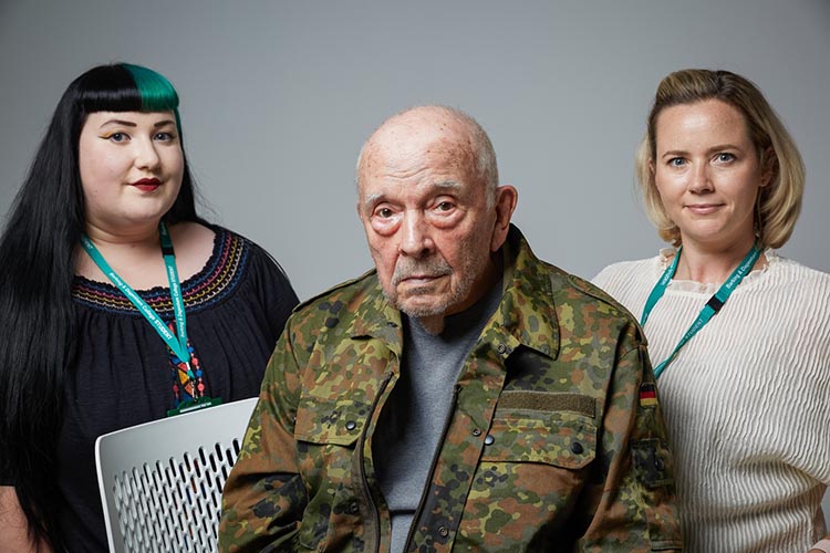 David Bailey CBE visited the new David Bailey Studio at the East London Institute of Technology, pictured with photography students Ruby Chapman (left) and Helen Taylor photo by David Bennett