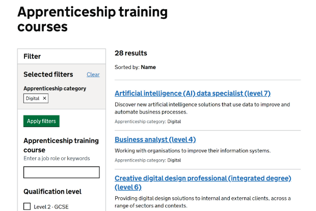 Employers are able to search for appropriate training courses and training providers as part of the Find Apprenticeship Training service. An example of a search inputted into FAT. The GOV.UK webpage displays a filter section. This demo shows a search for ‘digital’ apprenticeships. There is then a list of apprenticeships that are available displayed, varying in course levels and titles. 