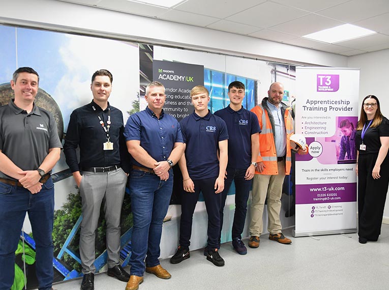 Gavin Day, Organisational Development Manager Masonite UK; Karl Garratty, Account Manager at Barnsley College; Paul Senior Director at CRS; Apprentices Bailey Barker and Alfie Wright; Mark Booth, Health and Safety Co-ordinator at CRS and Leanne Melling, Learner Support Officer at T3 Training and Development.
