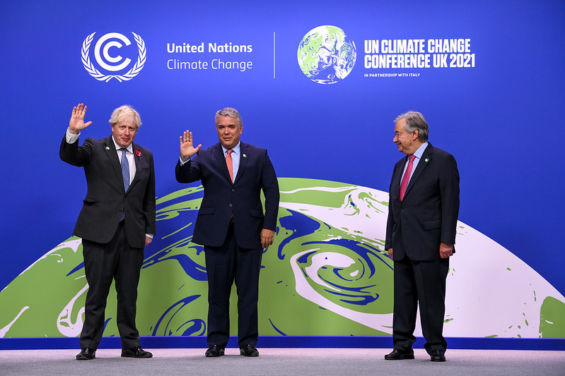 Prime Minister Boris Johnson and António Guterres, Secretary-General of the United Nations greet Iván Marquez Duque, President of Columbia, on arrival to COP26 World Leaders Summit