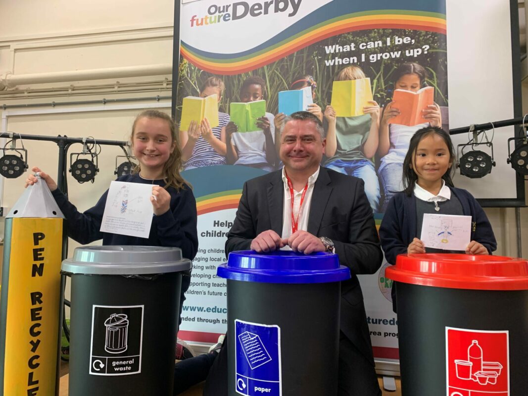 Landau Forte Academy Moorhead pupil Anastasia Kazukina (left) with her winning pen recycling bin. Centre, Dan Read, anaging director of Engineered Learning with Bella, from Landau Forte Academy Moorhead who also took part in the Our Future competition, run by Learn By Design. (Picture: Penguin PR).