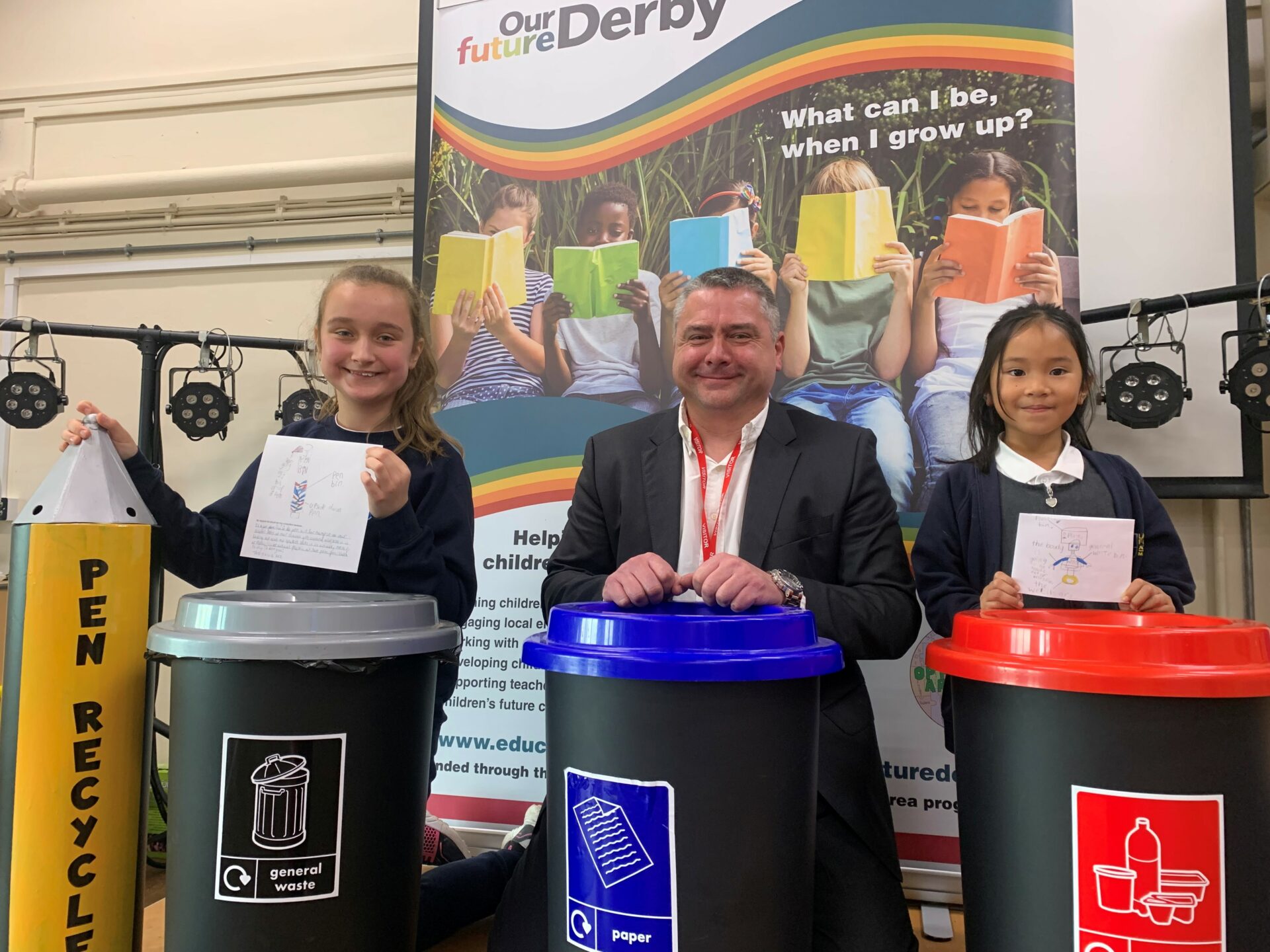 Landau Forte Academy Moorhead pupil Anastasia Kazukina (left) with her winning pen recycling bin. Centre, Dan Read, anaging director of Engineered Learning with Bella, from Landau Forte Academy Moorhead who also took part in the Our Future competition, run by Learn By Design. (Picture: Penguin PR).