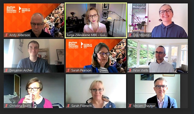 Zoom video conference Screenshot of Guildhawk CEO Jurga Zilinskiene MBE and members of the Sheffield Hallam University Innovation Conference 2021