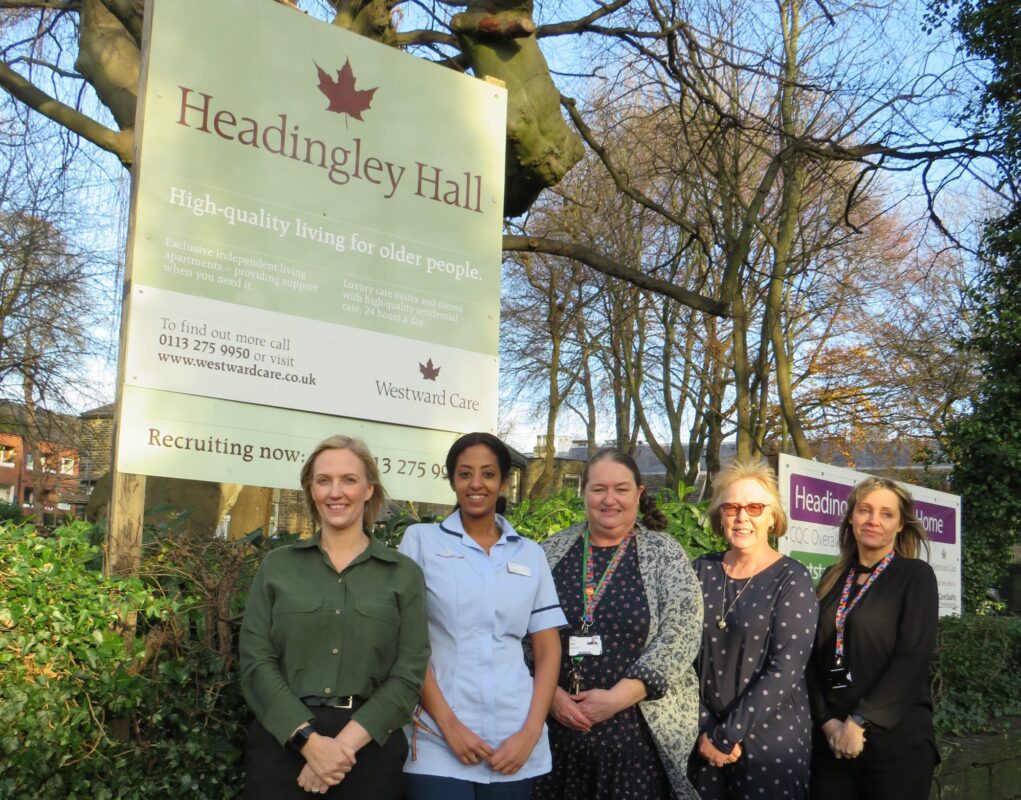 Pictured L-R Sharon Earnshaw (Headingley Hall Care Home), Heven Eyob (Headingley Hall Care Home), Judith Secker (Leeds City College), Michelle Atkinson (Leeds Care Association) and Estelle Brewster (Leeds City College).