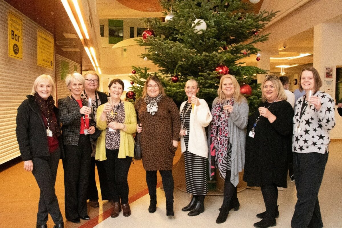Long-serving staff raising a glass to their achievements. Left – right: Sharon Hellewell, Helen Charlesworth, Leanne Ingham, Beverley Holliday, Michelle Scholefield, Lisa Jagger, Mel Jenkinson, Carla Priestley and Sam Aboud.