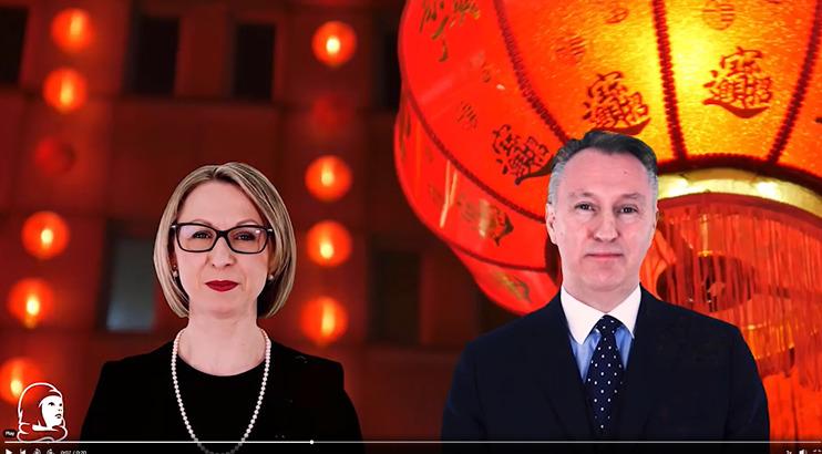 Screenshot of Guildhawk CEO Zilinskiene and Director Clarke multilingual virtual human digital twin avatars speaking mandarin for Chinese New Year wishes