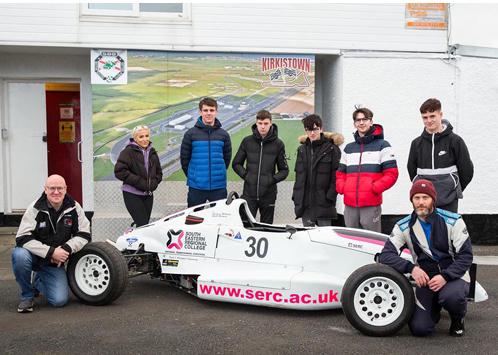 Team Win for SERC Motor Sport: L-R SERC Motorsport Engineering Lecturer Stuart Parker, with Level 2 and Level 3 Motor Sport Engineering students based at the Colleges Newtownards Campus, Jessica Robinson (Cloughey), Joshua Parsons (Bangor), James Boyd (Comber), Colin Johnston (Newtownards), Ross Hanlon (Newtownards), Conor Devlin (Lisburn) and Stephen Wishart, Lecturer and driver of the Formula Ford 1600 which recently secured the Championship title in Class 13 for Sprint cars.