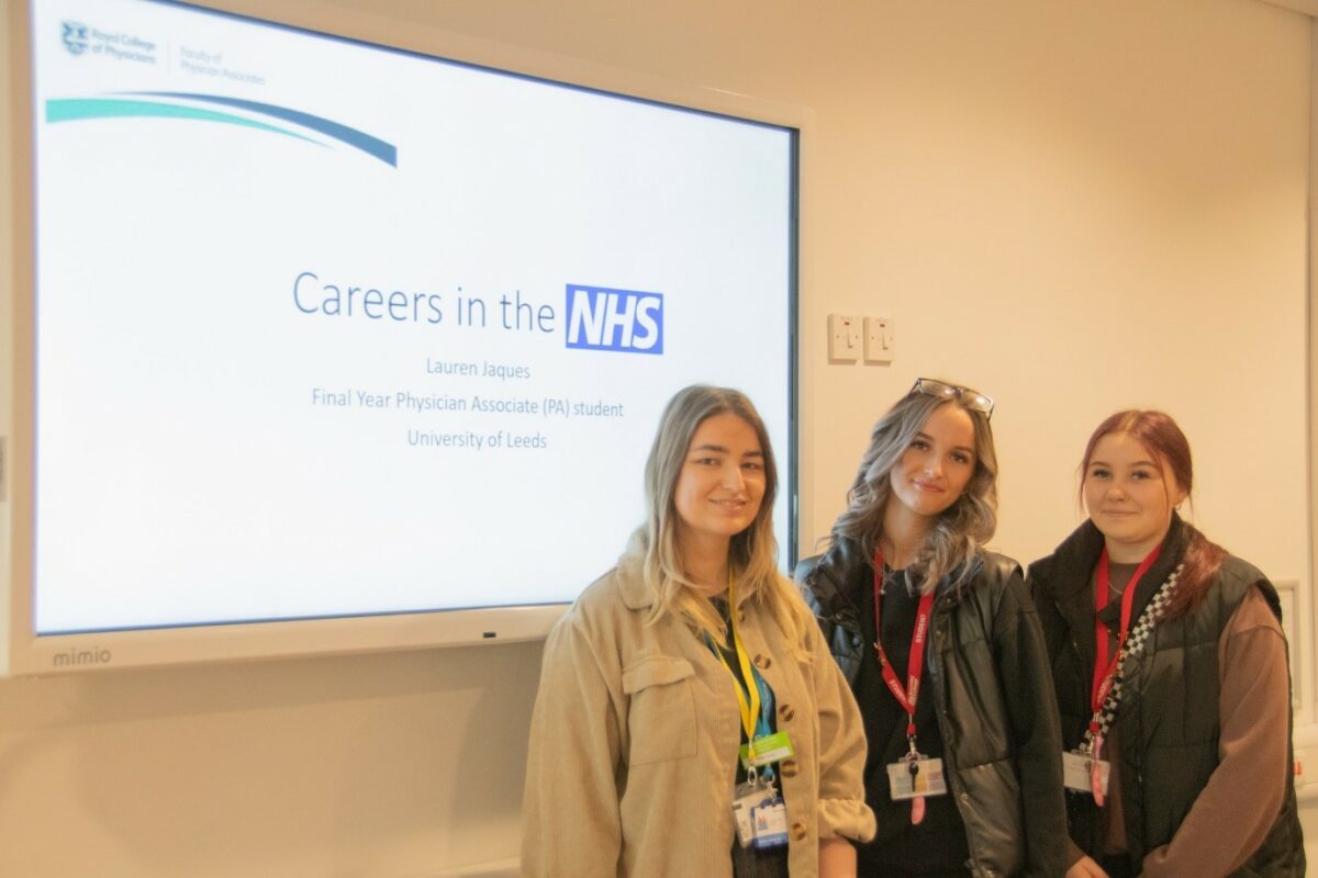 Barnsley College students with Lauren Jaques (left), Physician Associate (PA) student at the University of Leeds, as part of Health and Social Care Industry Week.