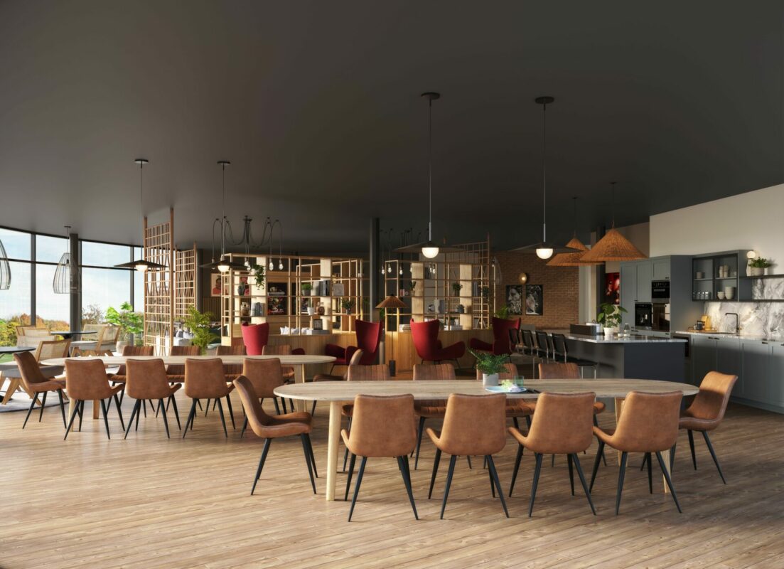CGI of the new Egg Room at Deakins Place student accommodation in Nottingham, showing chairs around communal tables in a relaxed and stylish space with lots of natural light.