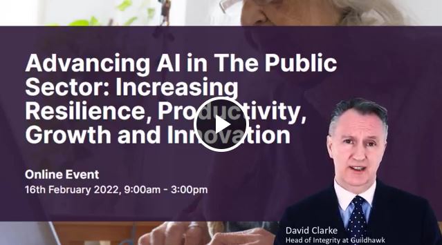 Screen shot of Virtual Human Twin avatar of Guildhawk Head of Integrity David Clarke introducing lessons from Institute of Government & Public Policy event on Artificial Intelligence AI 