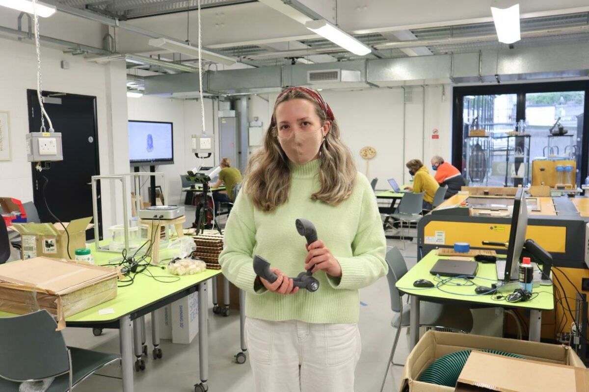 Jess Strain with 3D printed paper press (Image Credit - Smart Citizens Programme)
