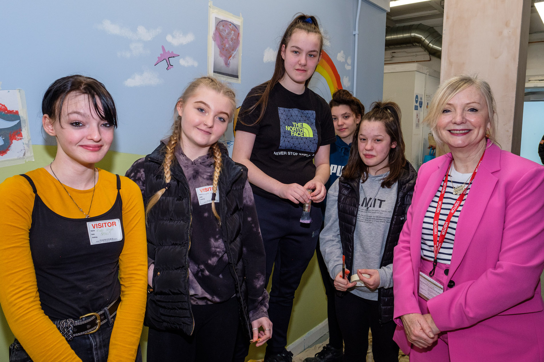 Mayor of West Yorkshire, Tracy Brabin, stands with school girls at the IWD taster event at Leeds College of Building.