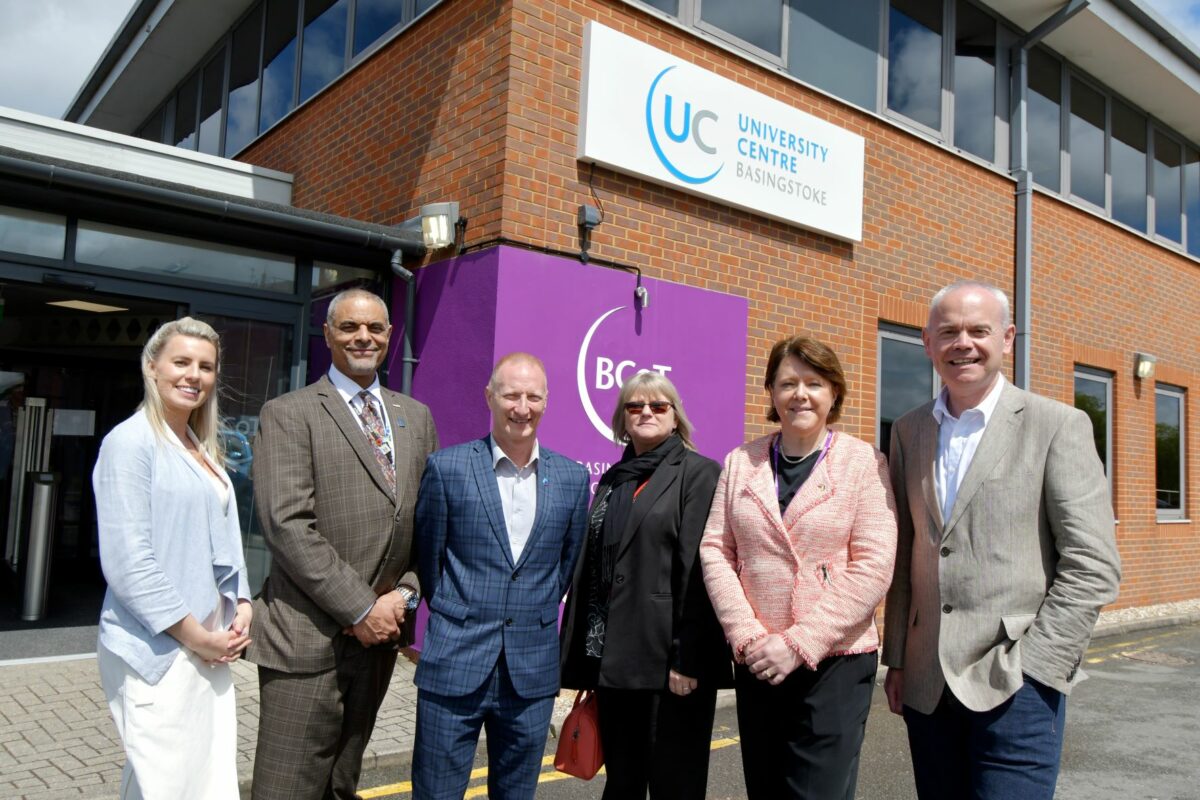 Photo of the official opening event at University Centre Basingstoke attached. Please credit BCoT. (L-R): Lois Neale (Head of Higher Education & Adult Learning), Anthony Bravo (BCoT Principal), Mark Cooper (Associate Pro Vice-Chancellor University of Portsmouth),  Jo Elsey (Head of Early Years University of Reading), Maria Miller MP, and Cllr Simon Bound, (leader of B&DBC).