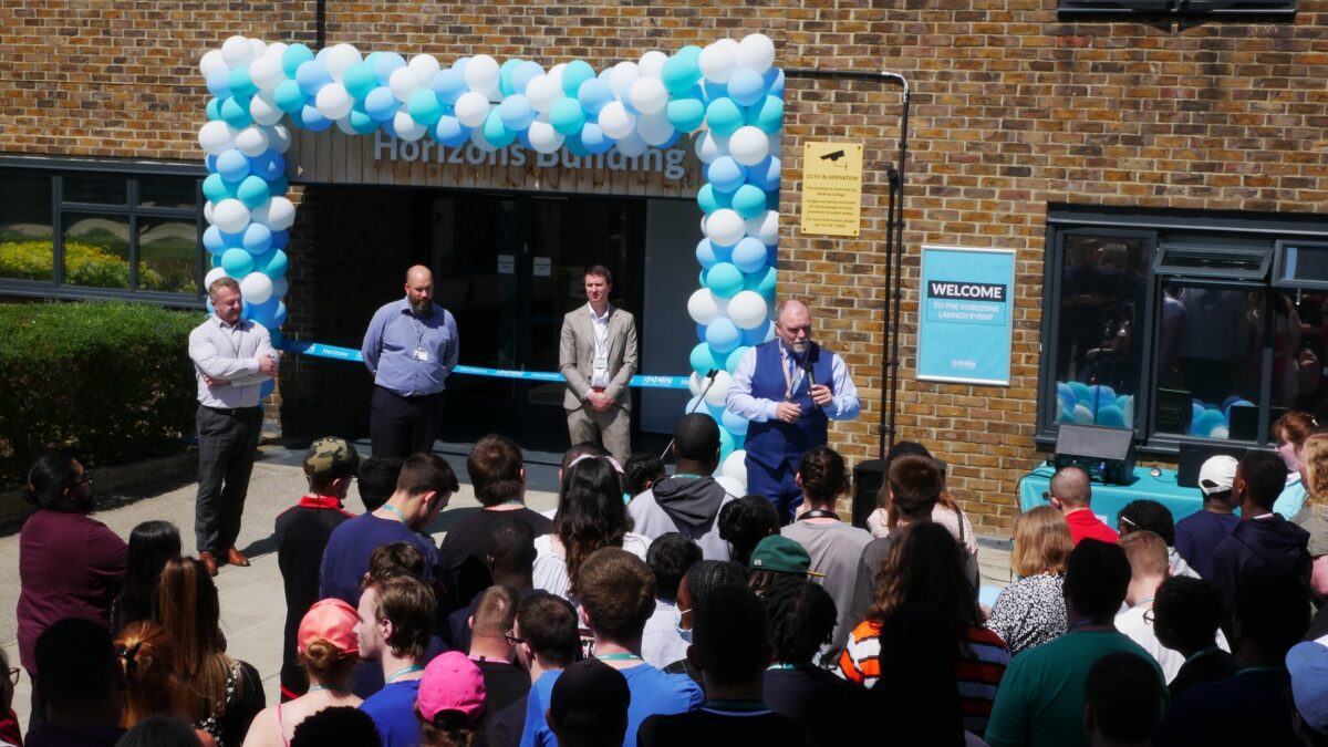 Speeches at the opening of the new Horizons Building at Barking & Dagenham College. From left to right: Jason Turton, Graham Hough, Nick Kavanagh and David Francis