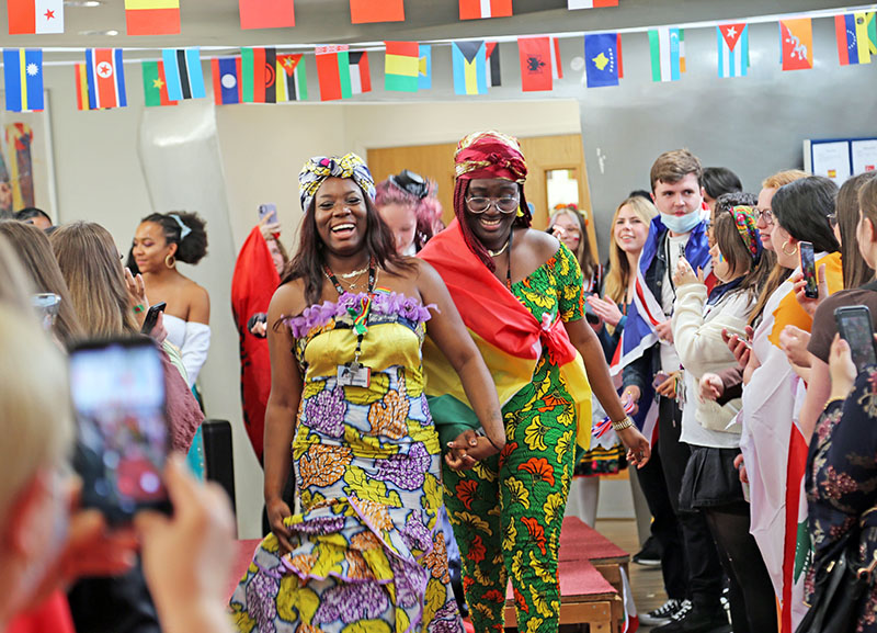 A colourful Culture Day brought a sea of smiling faces to New City College’s Havering Sixth Form campus as students embraced their differences and learnt from each other about clothes, food, music and languages originating in other countries.