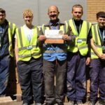 Level 1 bricklaying students Aston Downey, Lois Fisher, Michael Flanagan and Ethan Smith with lecturer Gary Pitchford.