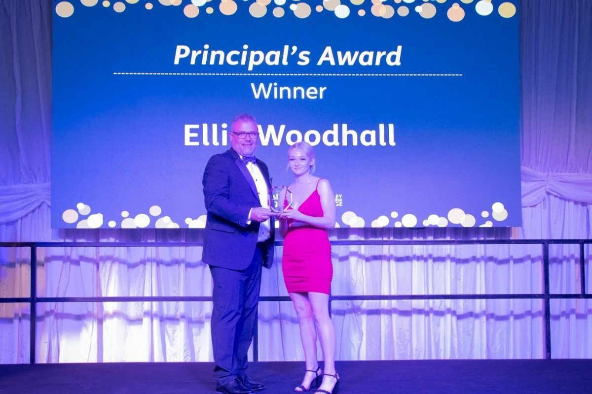 Barnsley College Principal and Chief Executive Yiannis Koursis OBE and Principals Award winner Ellie Woodhall
