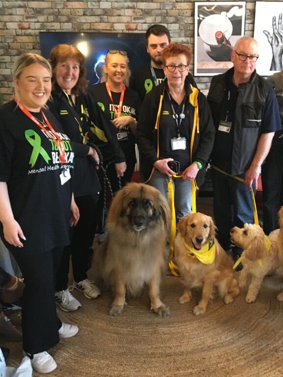 Five volunteers from Therapy Dogs Nationwide pose with their dogs in a Student Roost social space in Liverpool
