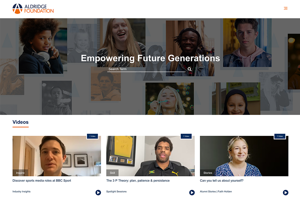 The words "Empowering Future Generations" over a background of photos of young people smiling and images of people who are talking on videos below.
