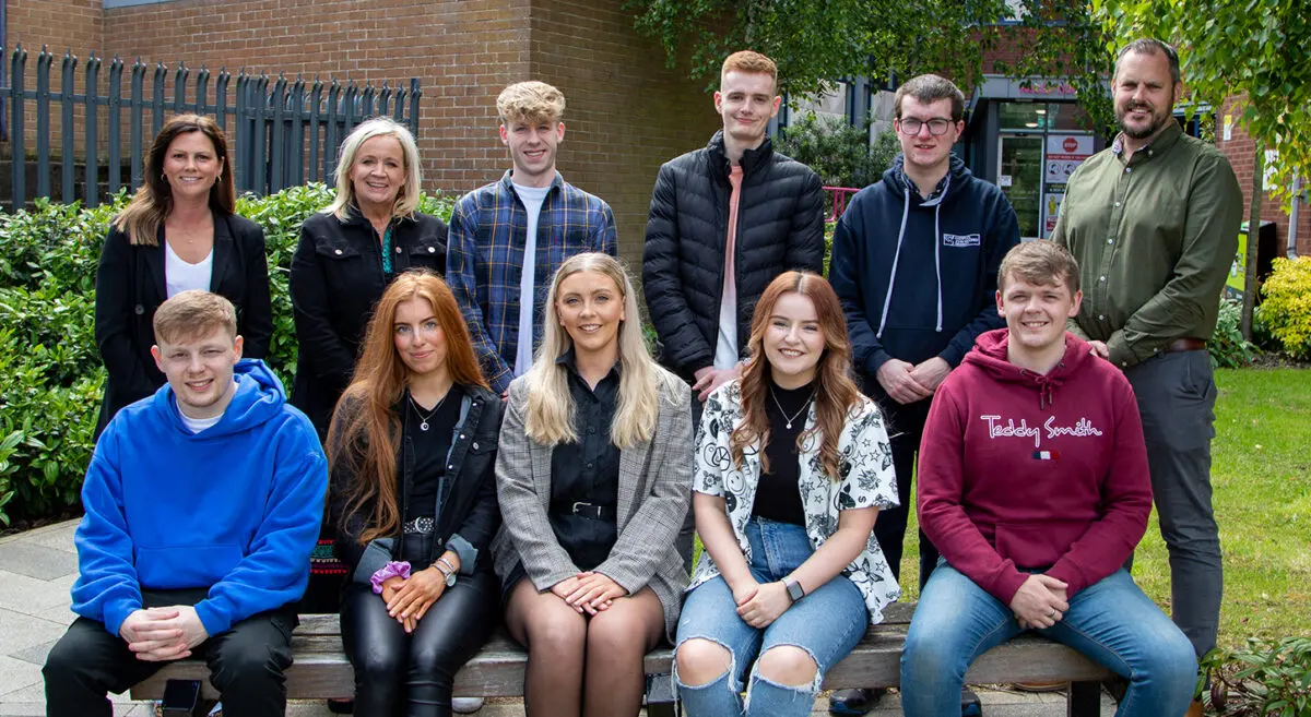 SERC students from the Liverpool John Moores BA Hons Business Studies (now BSc Hons Business Management) who have recently completed their degree programme at South Eastern Regional College in Bangor, Co Down.  Back row: SERC Lecturers Claire Hatton and Suzi Donnelly with students Lee Dubois (Ballynahinch), Andrew Linter (Newtownards), Calvin Johnston (Castlewellan) and Stuart Rankin, Head of Higher Education at SERC.  Front Row: Luke McMullen (Newtownards), Christina Kerr (Lisburn), Leah Hamilton (Bangor), Hannah Magee (Lisburn) and Aaron Bailie (Newtownards).