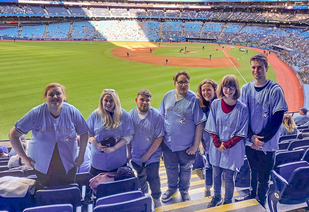 students in baseball stadium