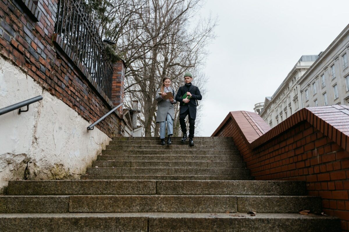 students walking down stairs