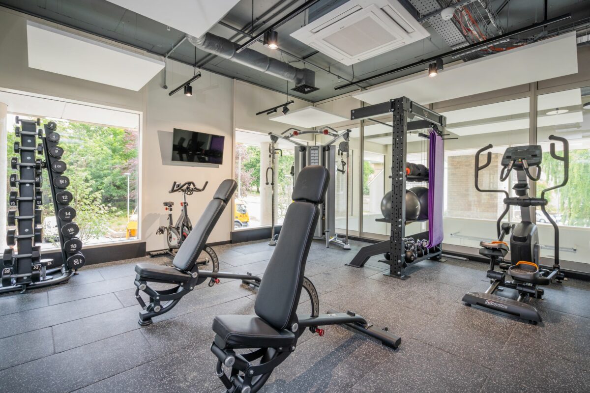 Spacious gym with equipment, weights, balls and large windows.