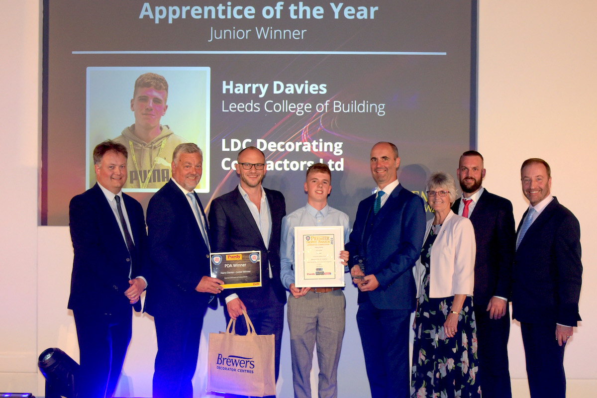 Leeds College of Building student Harry Davies is named Junior Apprentice of the Year at the Painting and Decorating Association’s Premier Trophy Awards.
