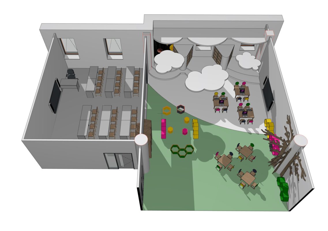 Aerial artist impression of new nursery training facilities and theory rooms for Education & Childcare T Level curriculum.