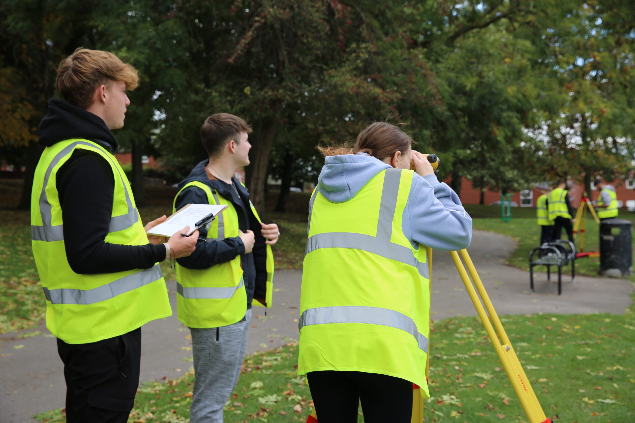 Leeds College of Building T Level students practise levelling – a practical application of surveying methods learnt in the classroom.
