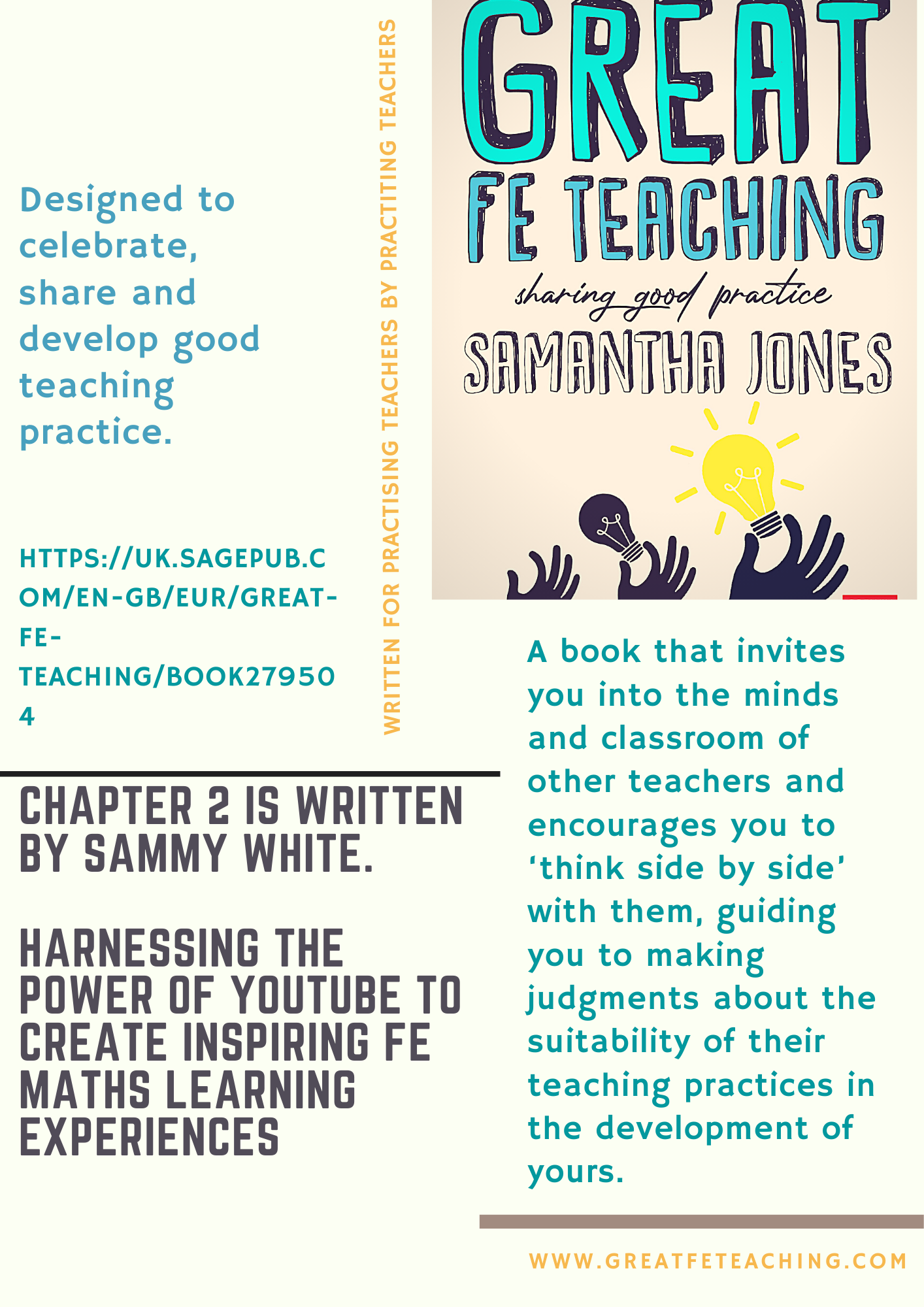 A book that invites you into the minds and classroom of other teachers and encourages you to ‘think side by side’ with them, guiding you to making judgments about the suitability of their teaching practices in the development of yours.Designed to celebrate, share and develop good teaching practice.