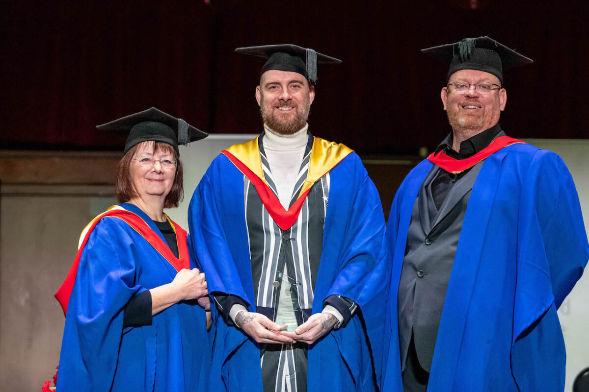 (L-R) Cath Orange (Bradford College Chair of Governors), Honorary Fellow Neil Bedford, and Chris Webb (Bradford College Principal & CEO).