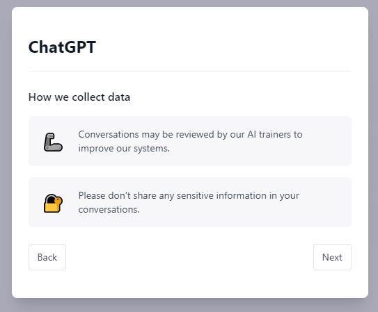 Screenshot of OpenAI ChatGPT opening page with privacy notice. Included in Guildhawk news post about what could go wrong with GPT machine translations