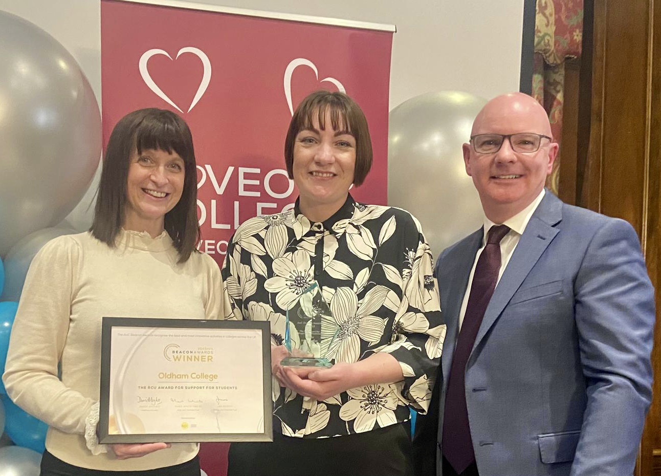 SHINING Lights: Oldham College representatives celebrating winning the prestigious AoC Beacon Award 2023 for Support for Students today: (L-R) Emma Coppinger (Integrated Student Support Manager), Rebecca Hurst (Designated Safeguarding Lead) and Alan Benvie (Vice Principal, Student Experience & Inclusion).