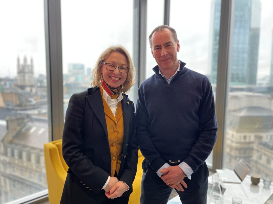 Photo of Guildhawk CEO and Tech Founder Jurga Zilinskiene MBE on the left and British Tech Entrepreneur Mark Brooks-Wadham posing for a photo to accompany news of Mark's appointment as Chairman of Guildhawk Technologies on 8-02-2023