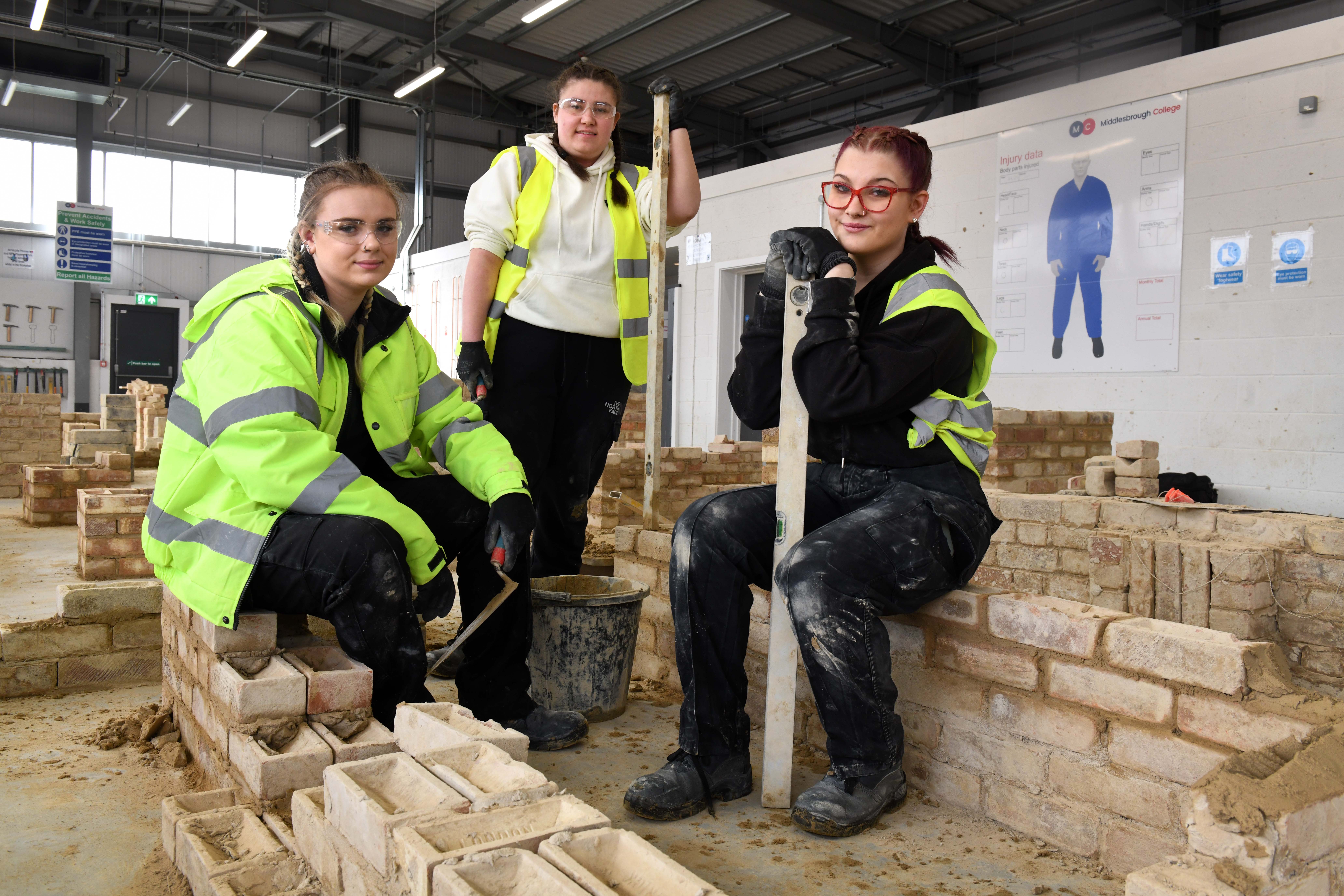 Building up a career – bricklaying students at Middlesbrough College (from left) Lily Collins, Georgia Biswas and Jessica Costello.