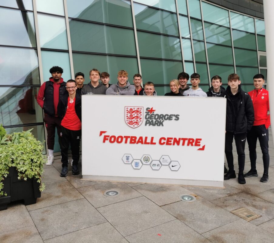 Richard Taunton Sixth Form College students get a kick out of following in England players’ footsteps on visit to FA’s St George’s Park