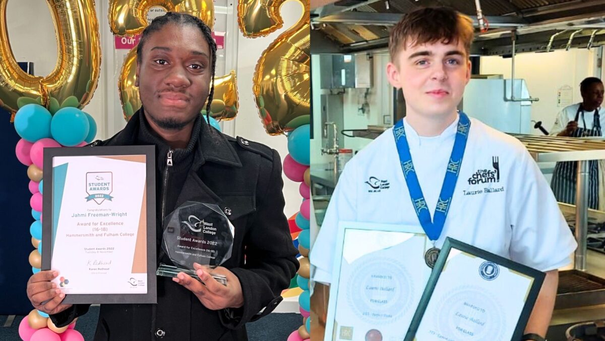 Left-right: Jahmi Freeman-Wright holding his West London College Excellence Award 2022 and Laurie Ballard holding awards he won at International Salon Culinaire