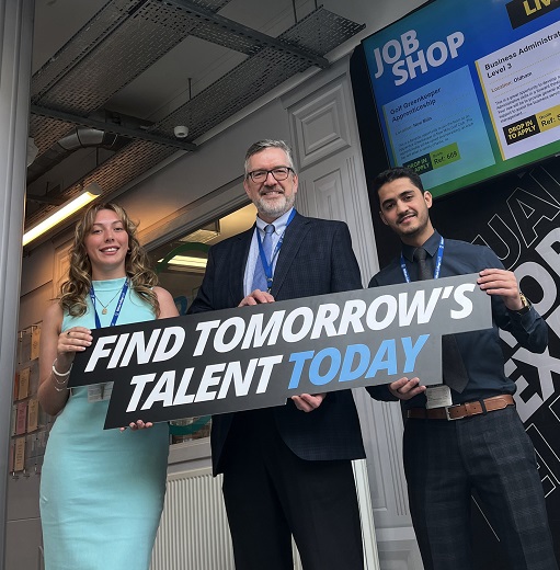 BEST GM COLLEGE | Elle Hopwood (Digital Recruitment Apprentice) Alun Francis (Chief Executive and Principal) and Saad Gul (Business Administration Apprentice) launching Oldham College’s ‘Find Tomorrow’s Talent Today’ campaign. (Date: May 18, 2023)